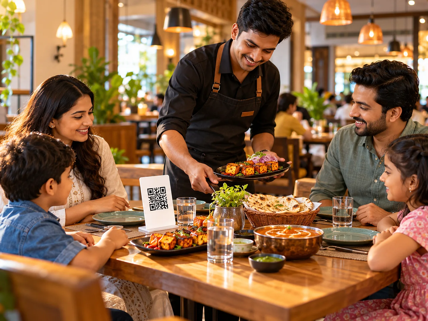 Restaurant owner serving fresh food in a warm cafe