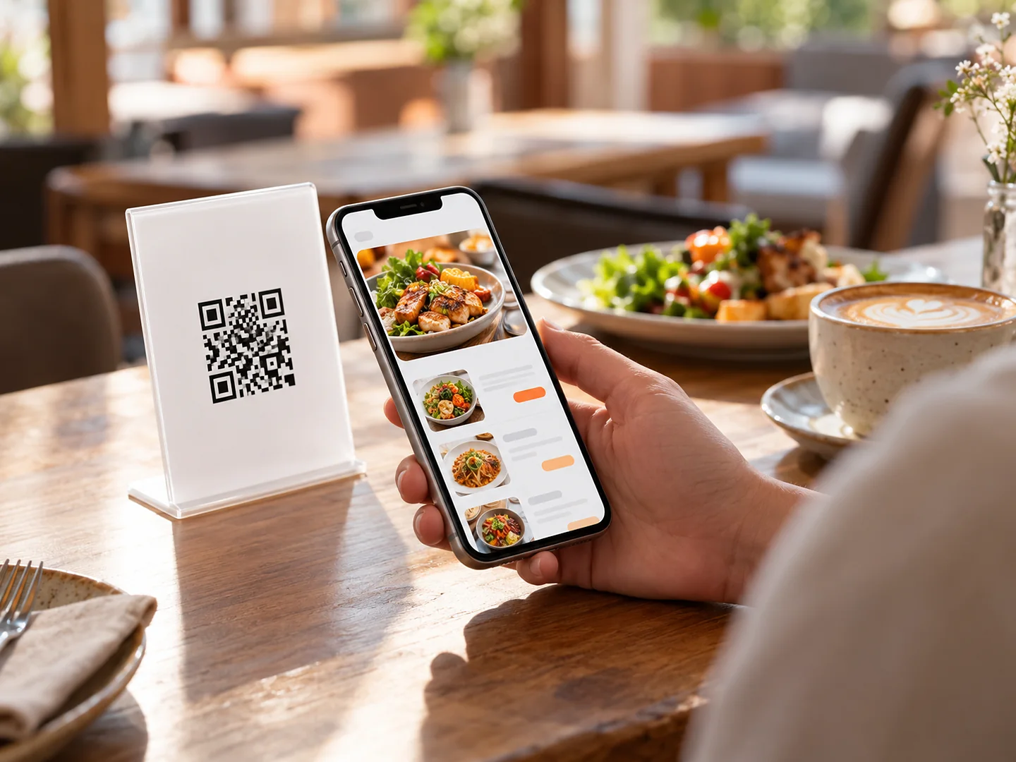 Customer scanning a QR code menu stand with a smartphone at a cafe table