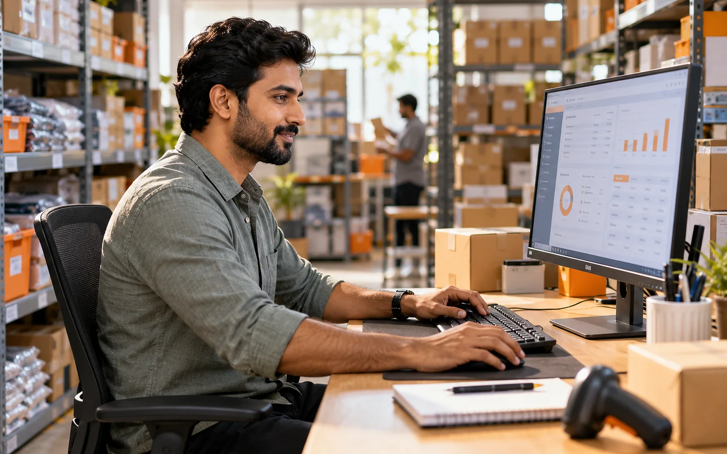 Store manager using inventory software on a computer