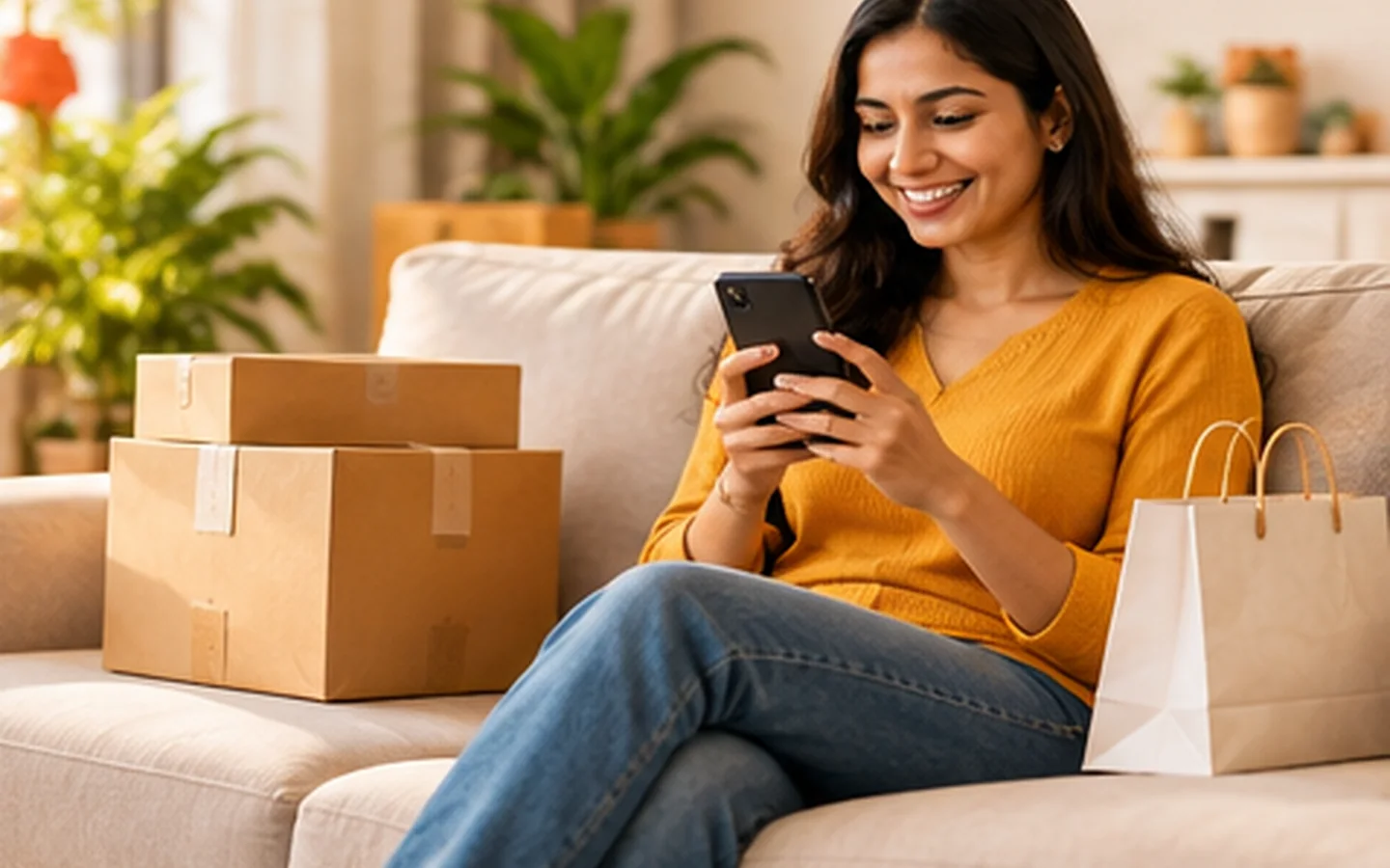 Woman shopping online on her phone with delivered parcels beside her