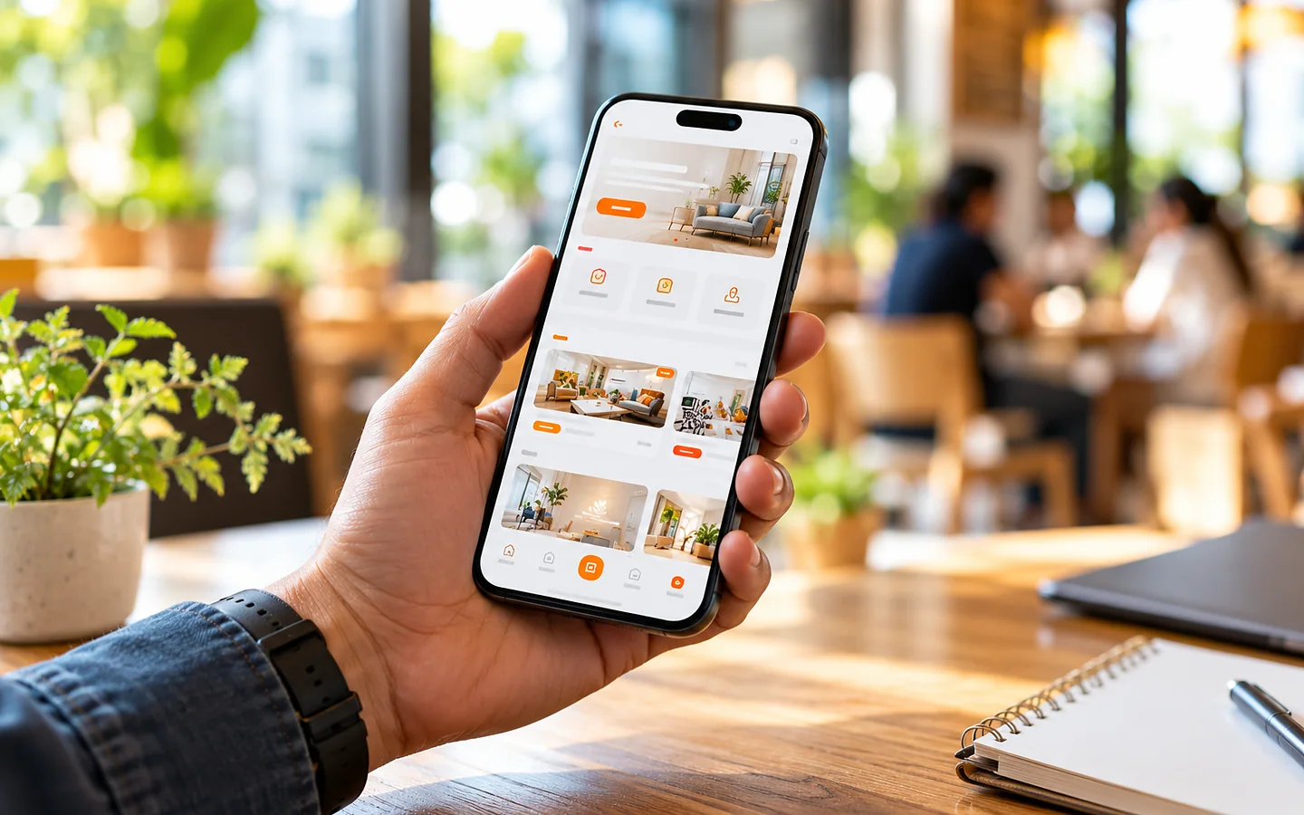Hand holding a smartphone with a clean business app